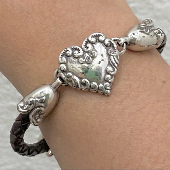 Retired BRIGHTON Cupid’s Bandit Silver Heart Brown Braided Leather Bracelet 26g - Picture 7 of 13